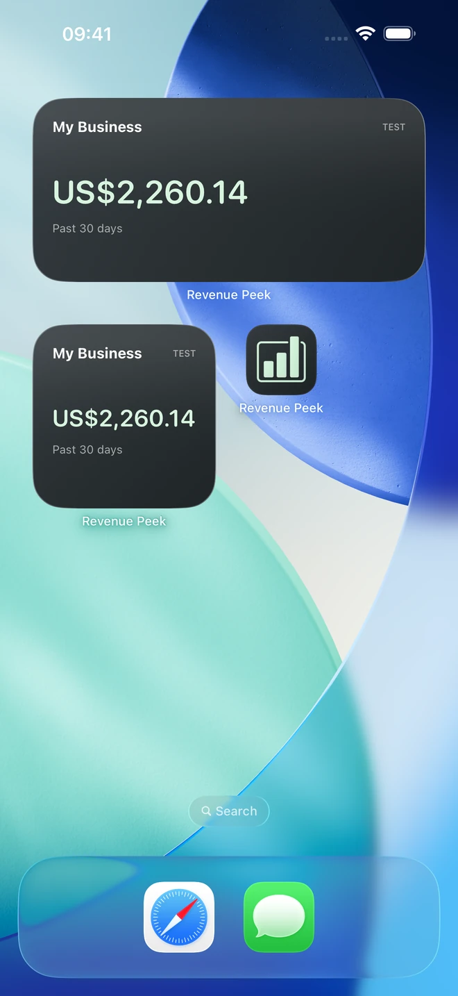 iPhone Home Screen with small and medium Revenue Peek widgets showing sample Stripe earnings of US$2,260.14 for the past 30 days.