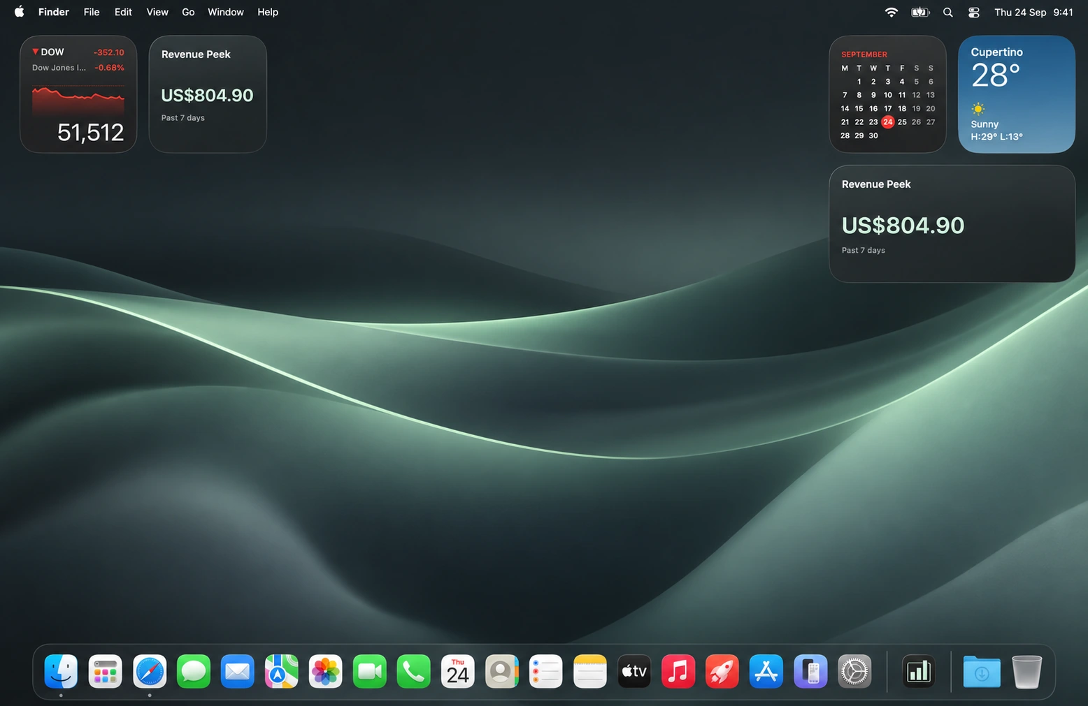 Recreated Mac desktop with a charcoal-and-mint wallpaper and small and medium Revenue Peek widgets showing US$804.90 for the past 7 days.